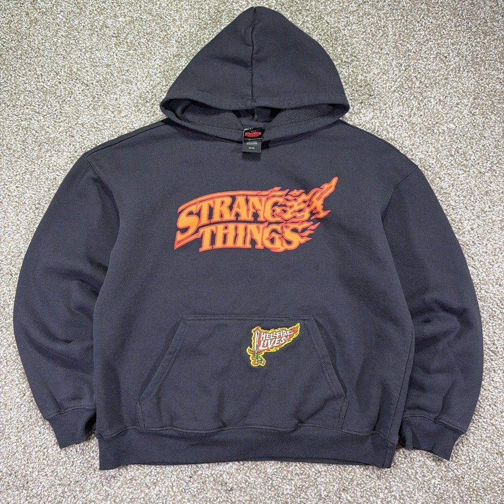 Stranger Things Black Hoodie Size Medium Hellfire Lives Embroidered Black